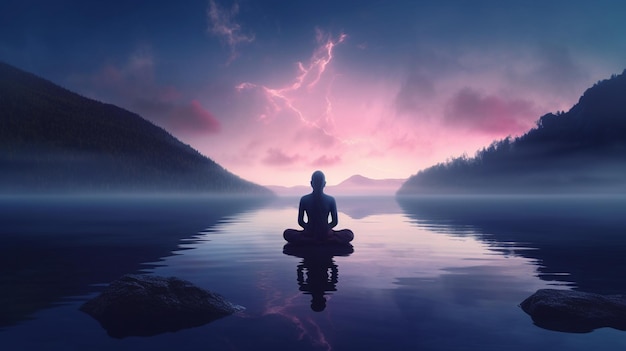 A person meditating in a lake with mountains in the background