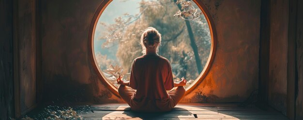 Person meditating looking out circular window