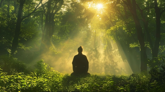 Photo person meditating in lotus position under majestic sunbeams in lush forest serene dawn meditation