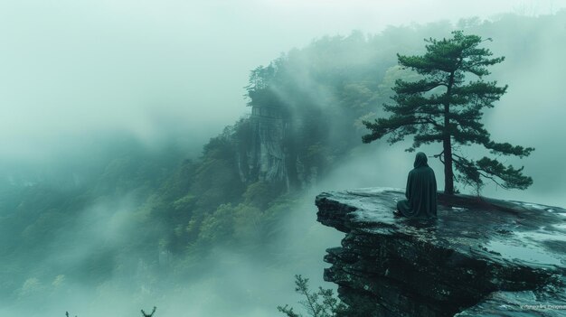 Photo person meditating on a misty cliff edge