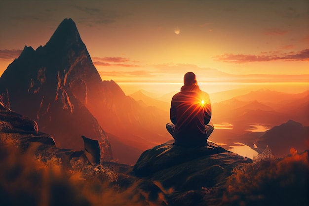 Человек, медитирующий на вершине горы на закате