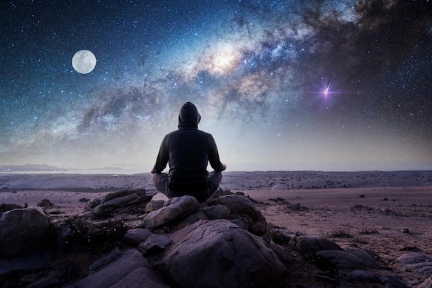 Person meditating outdoors at night on top of the mountain with  Milky Way and Moon background