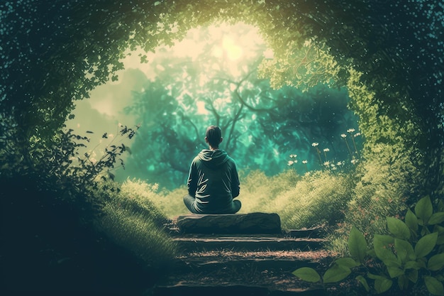 Человек медитирует в тихом парке в окружении зелени