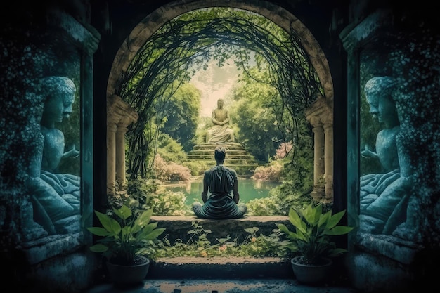Person meditating in serene garden with mind of god visible above