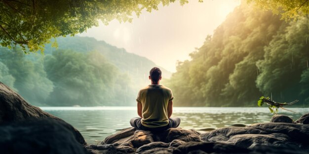 Foto una persona che medita in un ambiente naturale sereno creato con la tecnologia dell'intelligenza artificiale generativa