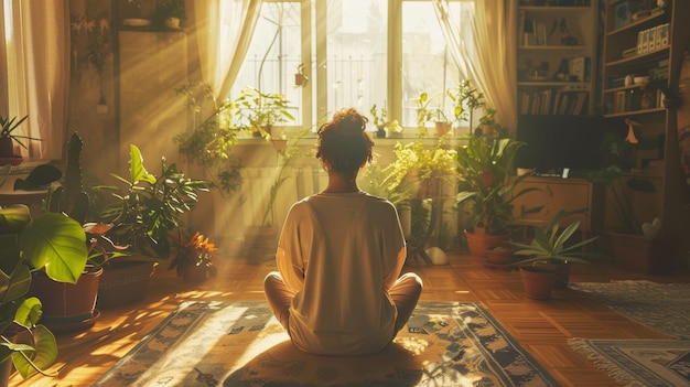 Человек медитирует в солнечном доме, наполненном комнатными растениями