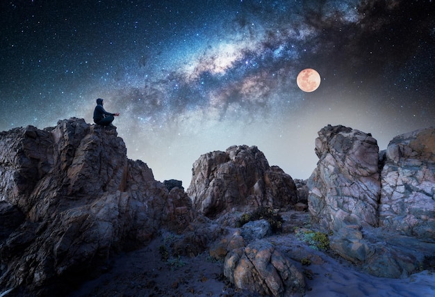 Person meditating on the top one the mountain at night with Milky Way and Moon background