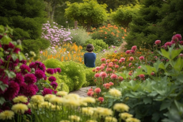 Person meditating in tranquil garden surrounded by blooming flowers created with generative ai