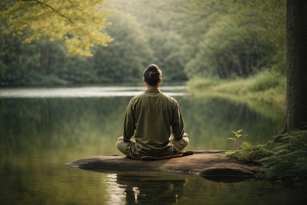 A person meditating in a tranquil natural setting like a forest or by a calm lake