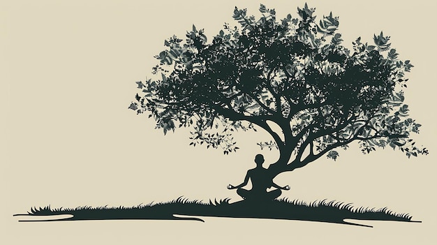 A person meditating under a tree The person is sitting in a crosslegged position with their eyes closed The tree is large and has many branches