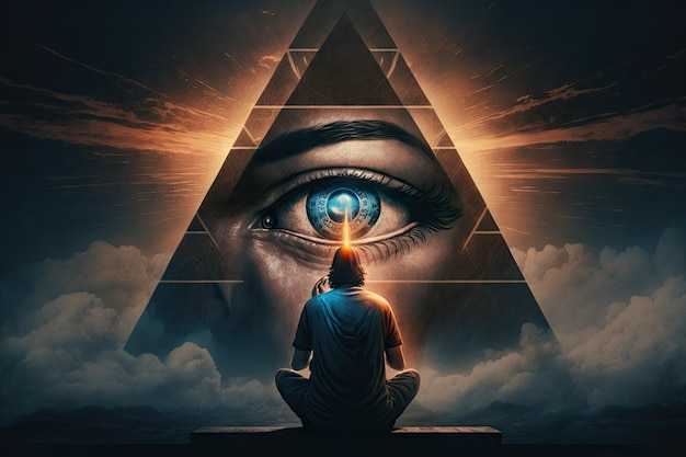 Person meditating with allseeing eye in the background created with generative ai