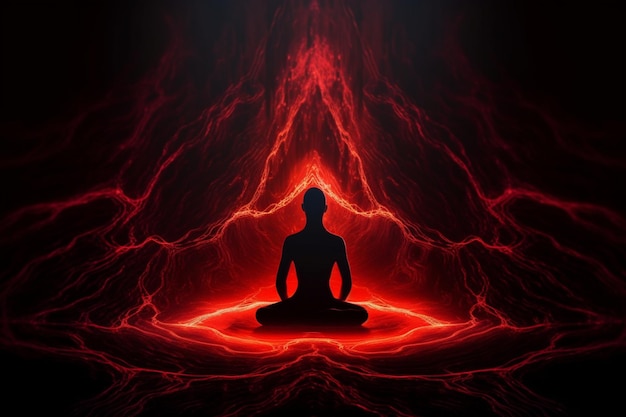 A person in a meditation pose with red light behind them.