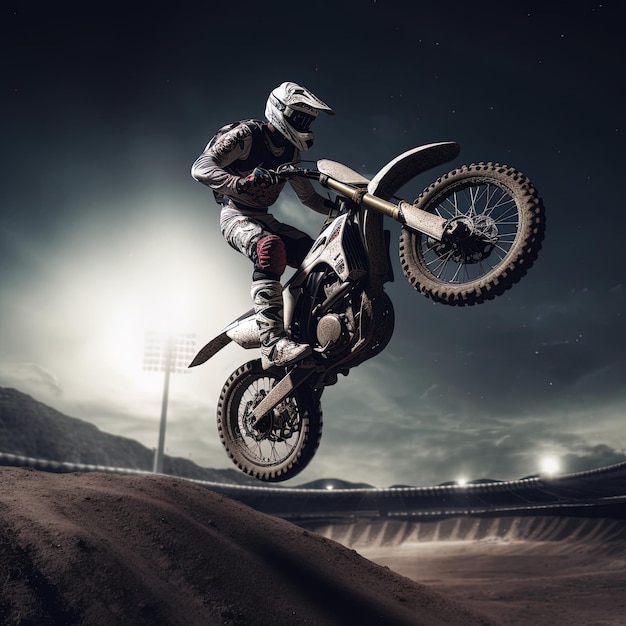 A person on a motorcycle is jumping over a hill.