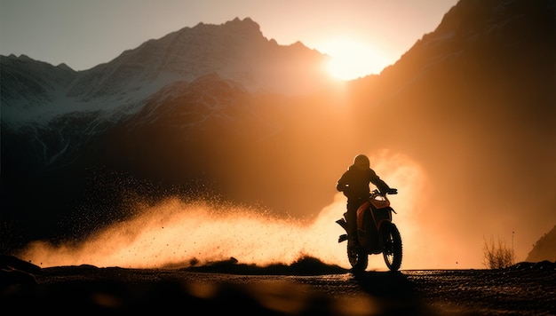 A person on a motorcycle is riding in front of a mountain range.