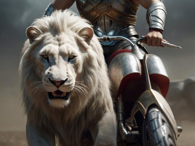 Photo a person on a motorcycle with a lion on the front