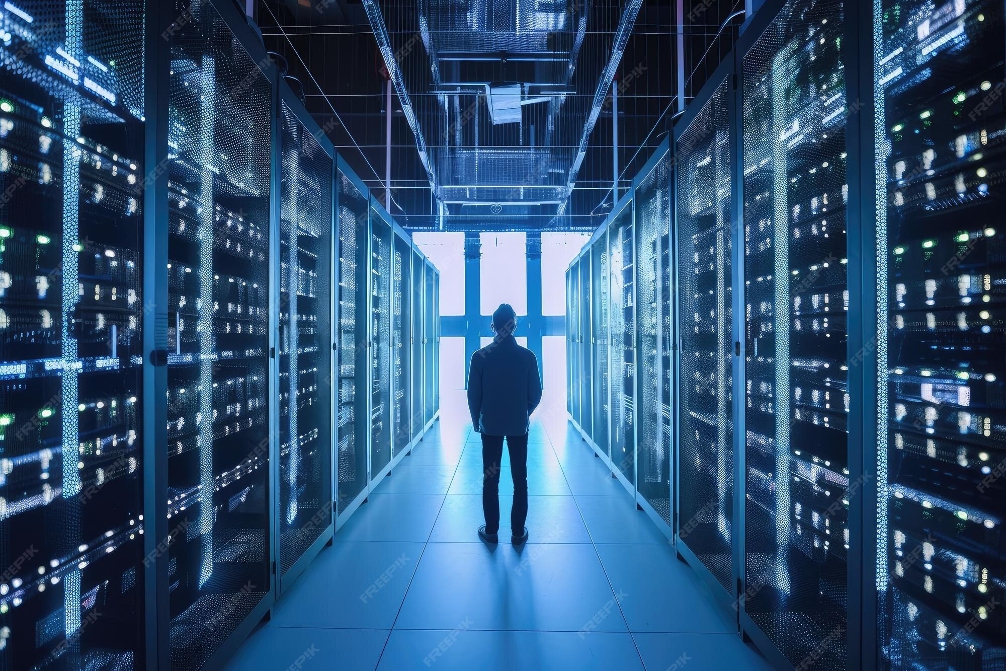 Premium AI Image  Person navigating labyrinth of racks and servers in 