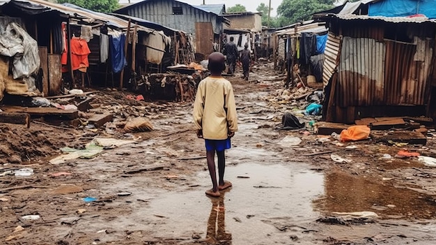 A person navigating a povertystricken neighborhood during a rainy day Generative AI