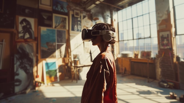 Photo a person navigating through an artist39s studio loft with a vr headset