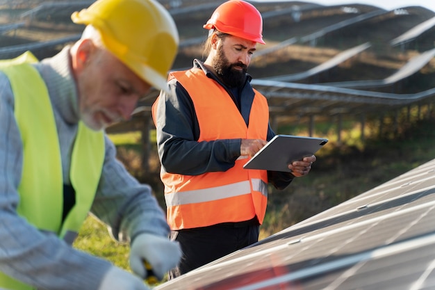 Foto persona vicino a un impianto di energia alternativa