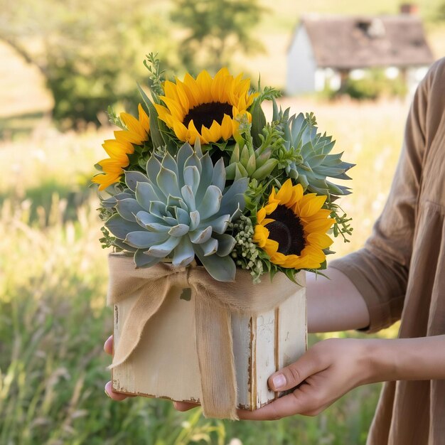 A person offering a rustic bouquet of sunflowers and suculents