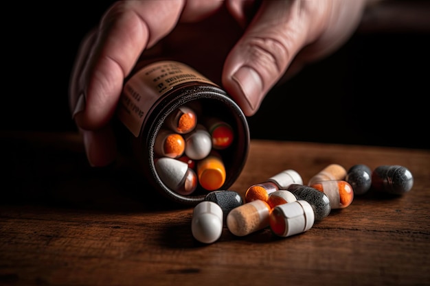 A person opening a bottle of pills on a table