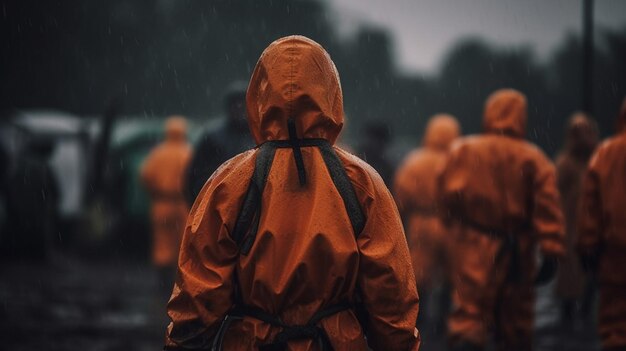 A person in orange raincoat stands in the rain in front of a large group of people.