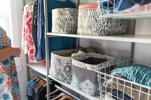 Person organizing a closet with fabric baskets on shelves