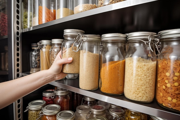 Person organizing pantry with canned goods and spices created with generative ai