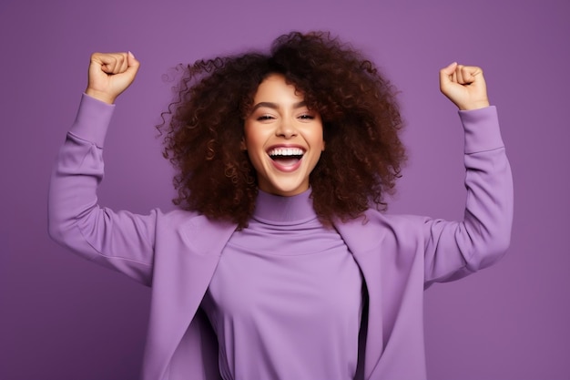 Person Overwhelmed with Joy Raises Fists and Shouts Against Purple Background Generative AI