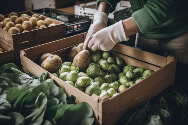 Фото Человек упаковывает органические овощи, выращенные без использования гмо, созданные с помощью генеративного ии