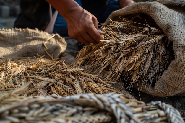 Photo person packing rye ears into a burlap sack for transport