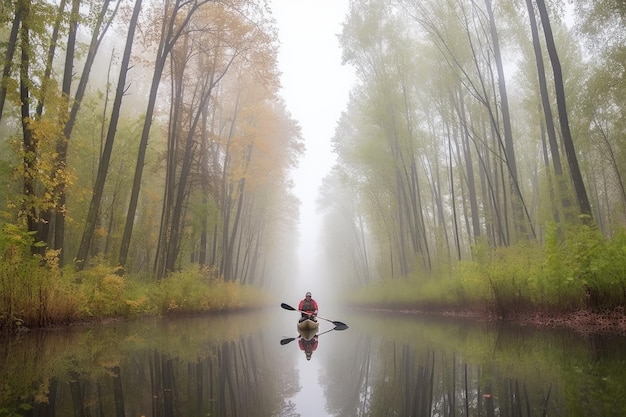 person paddling canoe through misty forest with view of towering trees created with generative ai
