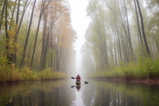 Person paddling canoe through misty forest with view of towering trees created with generative ai