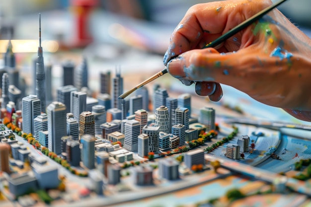 Person painting details on a miniature cityscape diorama