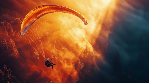 Foto persona in parapendio in un cielo arancione brillante