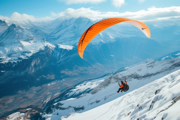 Person Paragliding Over SnowCovered Mountain