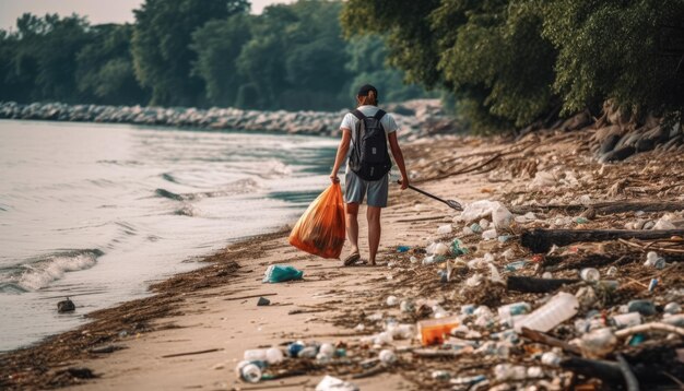 A person participating in a beach or river cleanup with a focus on the environment