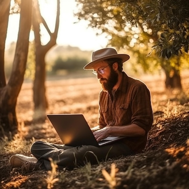 Person on Patio Works on Laptop Near Plants and Trees