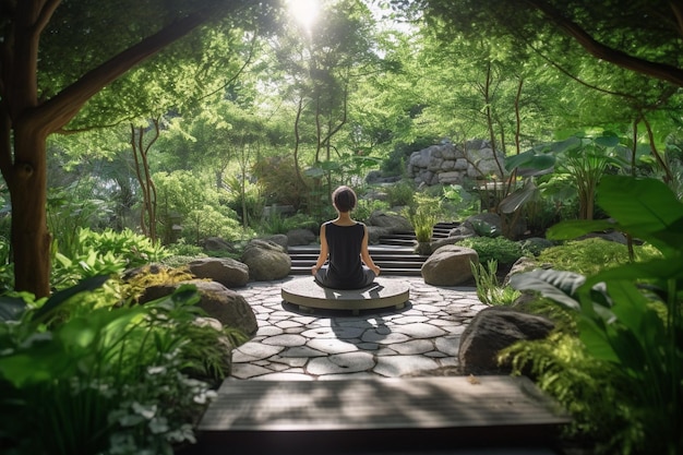A person in a peaceful meditation garden mental health