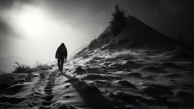 山頂の人物 モノクロ写真 雪景色 冬のハイキング