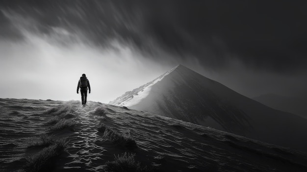 Person on the peak Monochrome photo Snowy scenery Hiking in winter