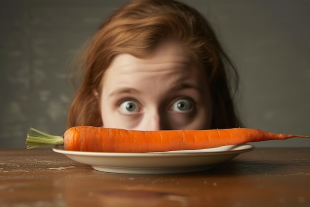 A person peering at a single carrot dieting and healthy eating