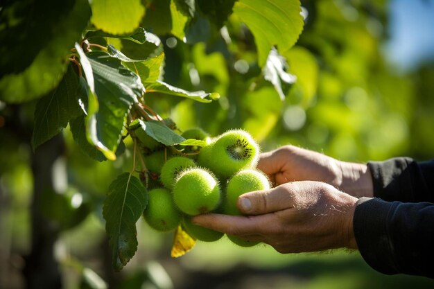 A person picking ripe kiwi fruit from a tree in an orchard or garden