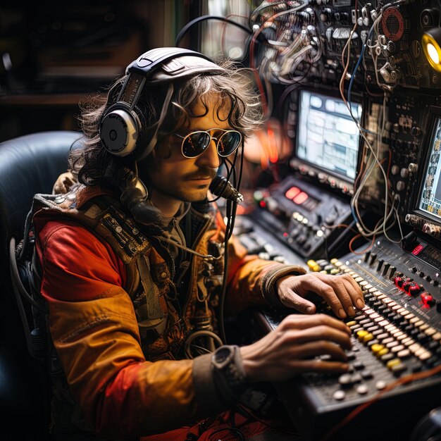 a person in a pilots booth with headphones on and a keyboard