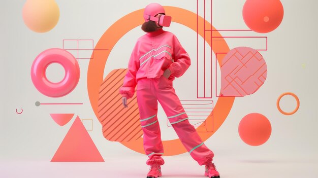 A person in the pink outfit with geometric shapes on background