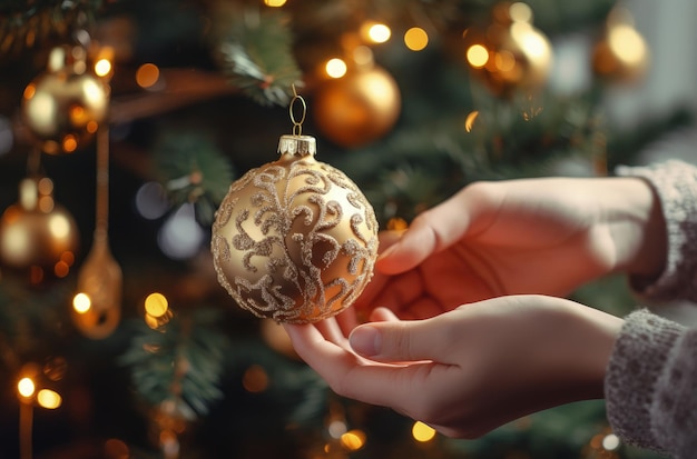 クリスマスツリーのボケ味の背景にゴールデンボールを置く人クリスマスホリデージェネレーティブAI