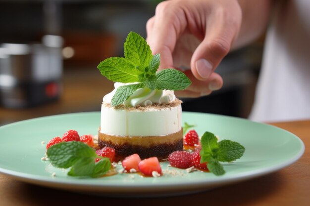 Foto persona che mette la foglia di menta sul dessert