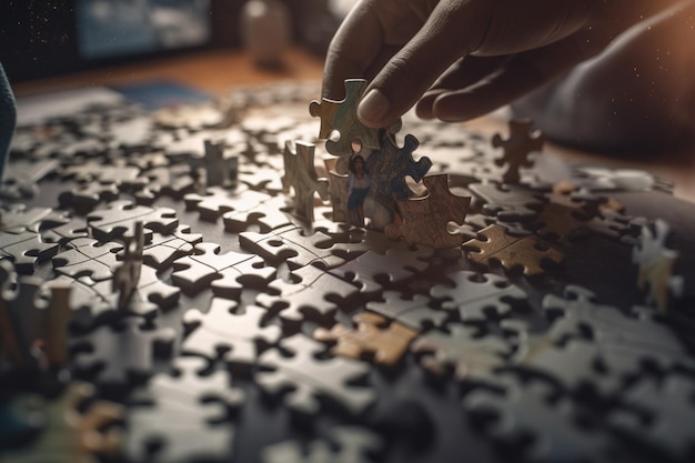 Photo a person placing a piece of jigsaw puzzle on a table.