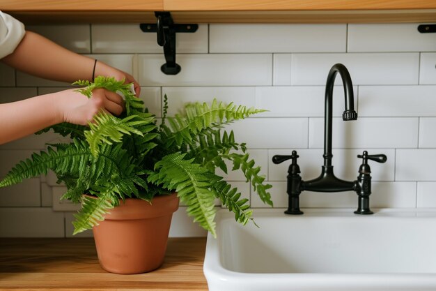 Person placing potted fern beside sink on wooden shelf