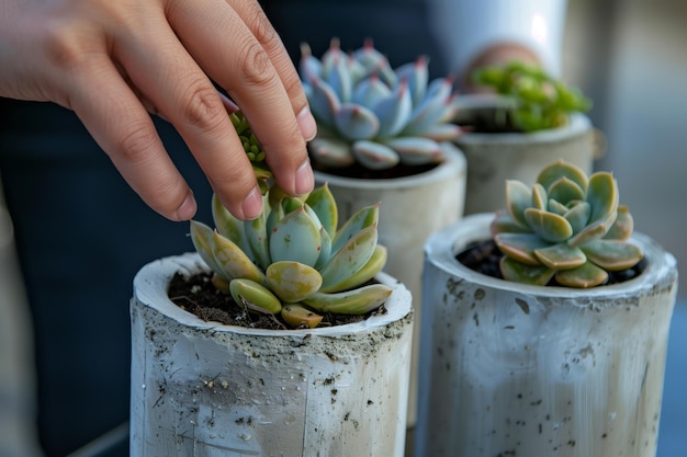 Foto persona che mette piante succulente in vasi di cemento fatti in casa